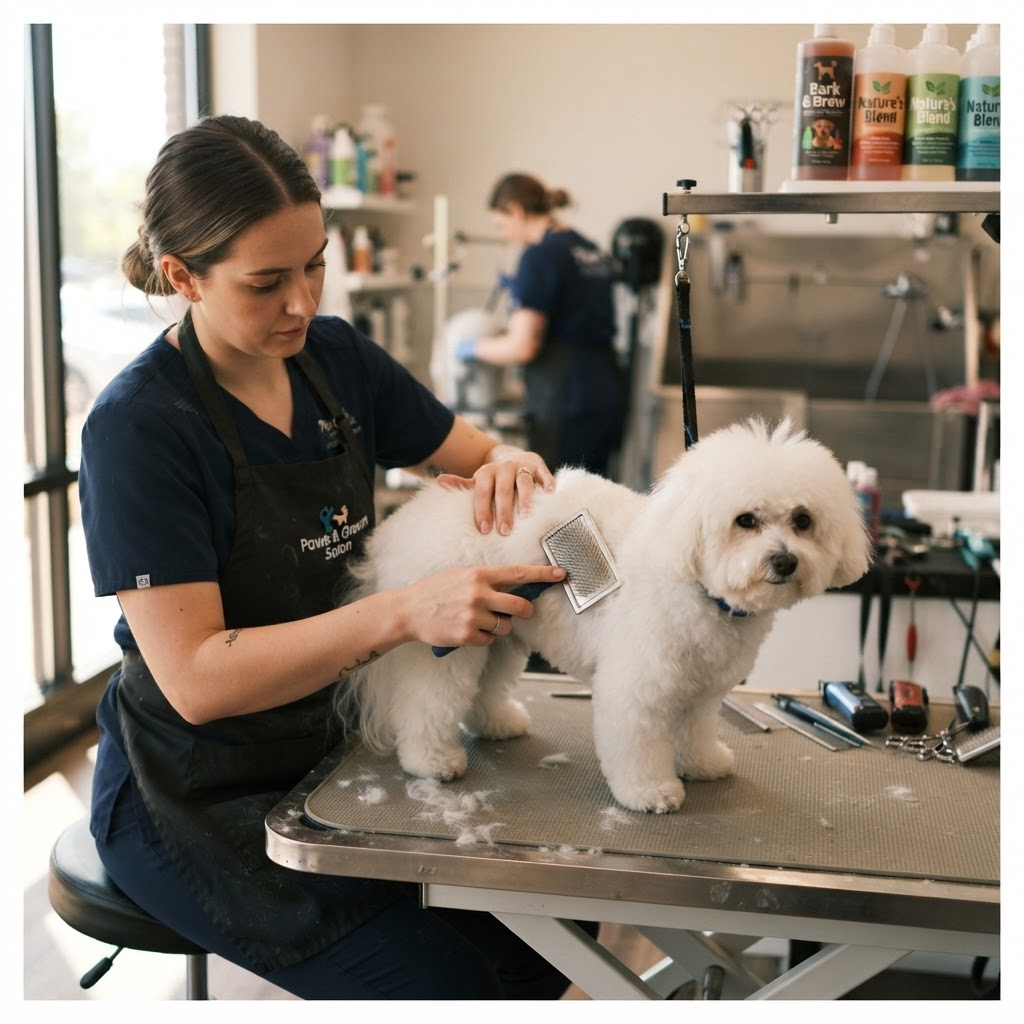 A groomer's hands brushing a fluffy white dog on a grooming table inside a retail grooming store